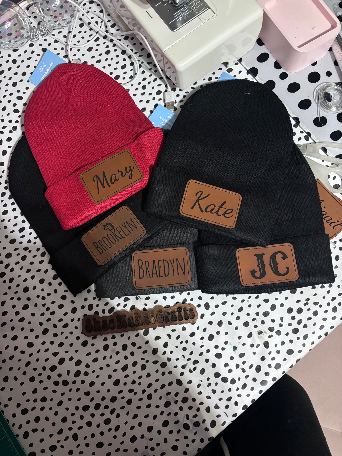 Adult leather Patch Beanies