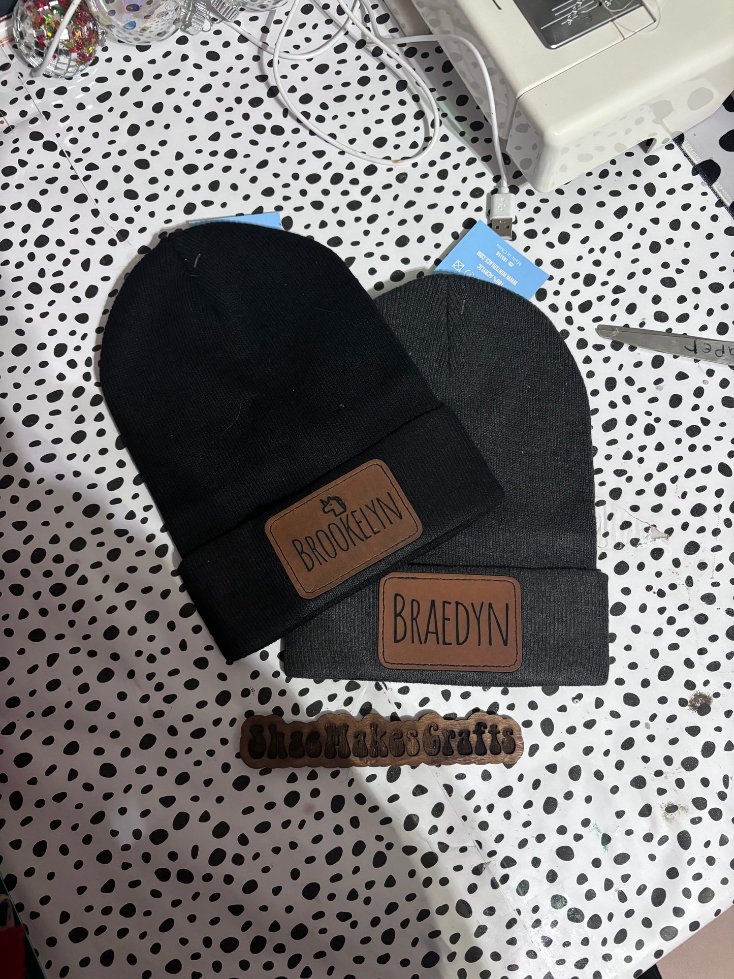 Adult leather Patch Beanies